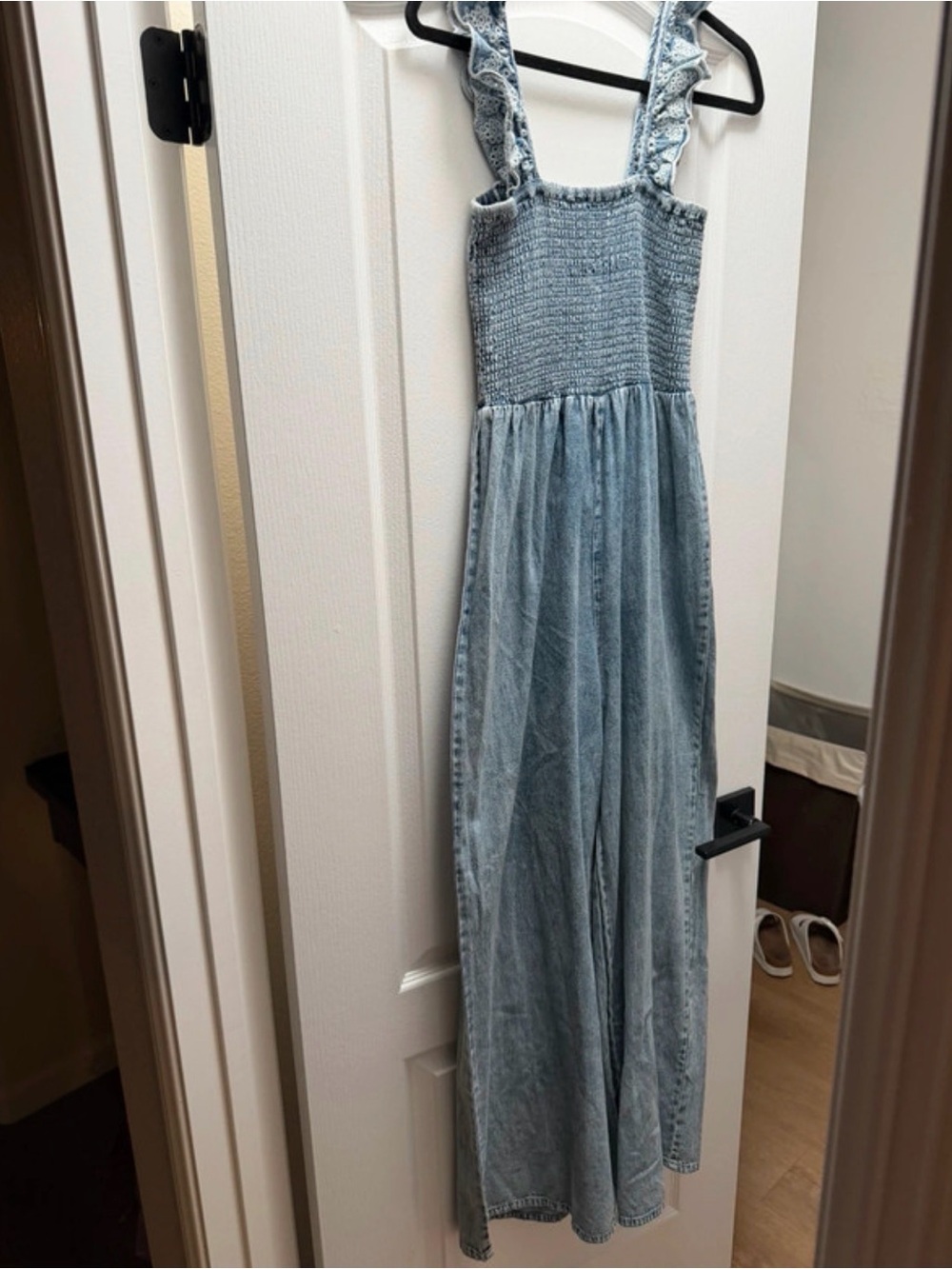BiBi Light Blue Denim Pant Romper with Ruffle Straps